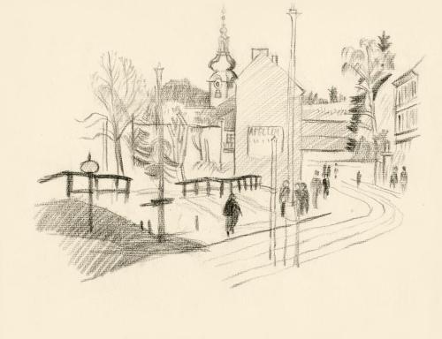 Alfred Wickenburg, Stadtansicht, 1930/1935, Kohle auf Papier, Blattmaße: 24 × 30,8 cm, Privatbe ...