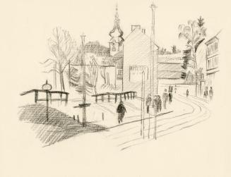 Alfred Wickenburg, Stadtansicht, 1930/1935, Kohle auf Papier, Blattmaße: 24 × 30,8 cm, Privatbe ...