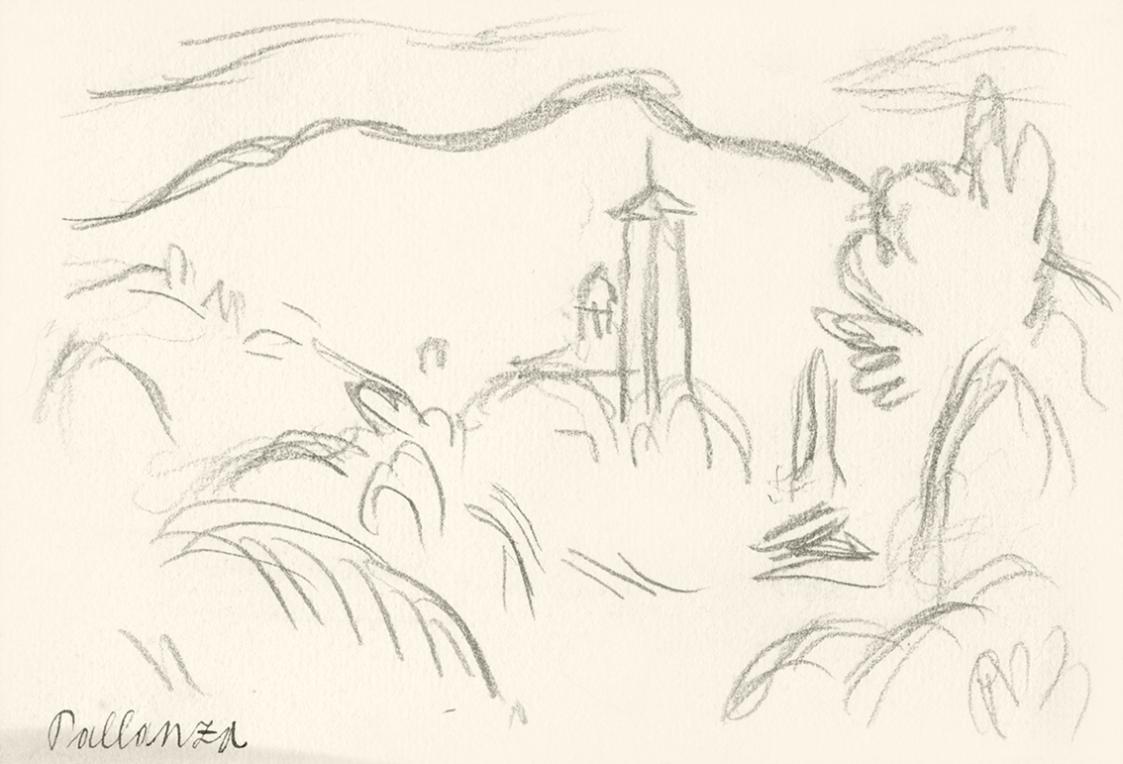 Alfred Wickenburg, Berglandschaft mit Architektur, Pallanza, 1920/1923, Graphit auf Papier, Bla ...