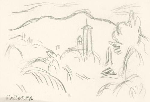 Alfred Wickenburg, Berglandschaft mit Architektur, Pallanza, 1920/1923, Graphit auf Papier, Bla ...