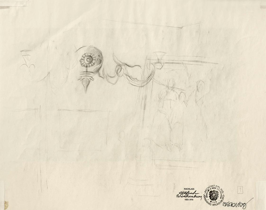 Alfred Wickenburg, Interieurstudie, um 1948, Schwarze Kreide auf Papier, Blattmaße: 35 × 44,3 c ...