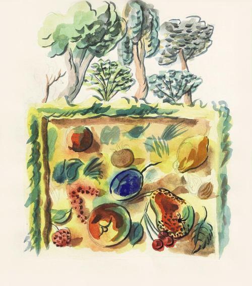 Alfred Wickenburg, Geschichte eines Gartens: Obstgarten, 1945, Aquarell über Bleistift auf Papi ...