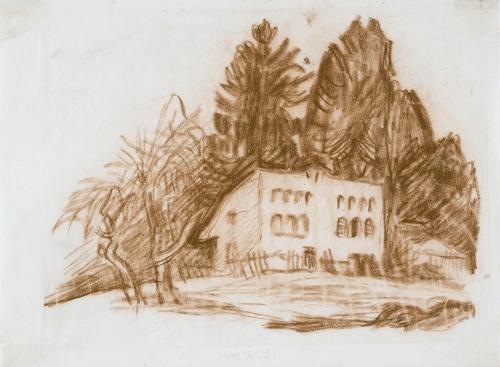 Alfred Wickenburg, Landschaft mit umzäuntem Haus, 1935/1940, Sepia-Stift auf Papier, Blattmaße: ...