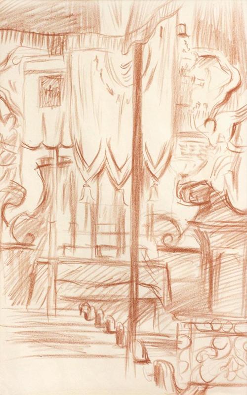 Alfred Wickenburg, Kircheninneres, um 1942, Rötel auf Papier, Blattmaße: 41,7 × 29,7 cm, Privat ...