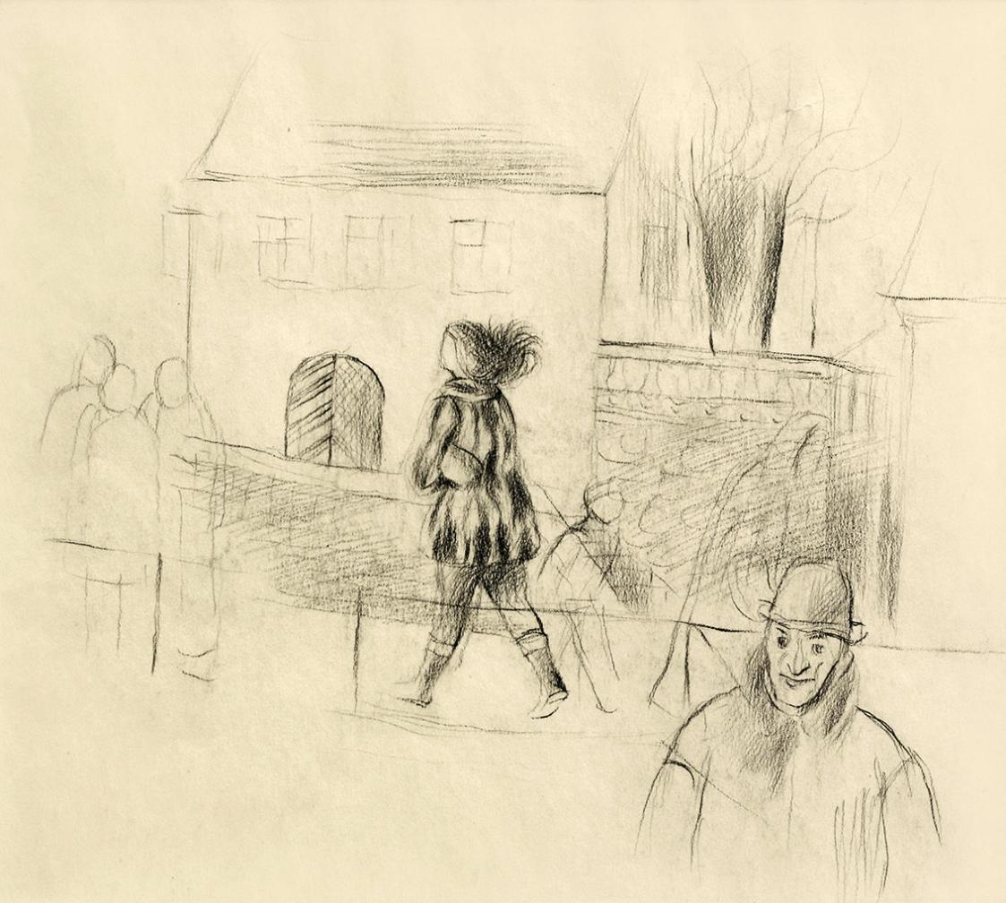 Alfred Wickenburg, Straßenszene, 1948/1950, Schwarze Kreide auf Papier, Blattmaße: 31,1 × 40,5  ...