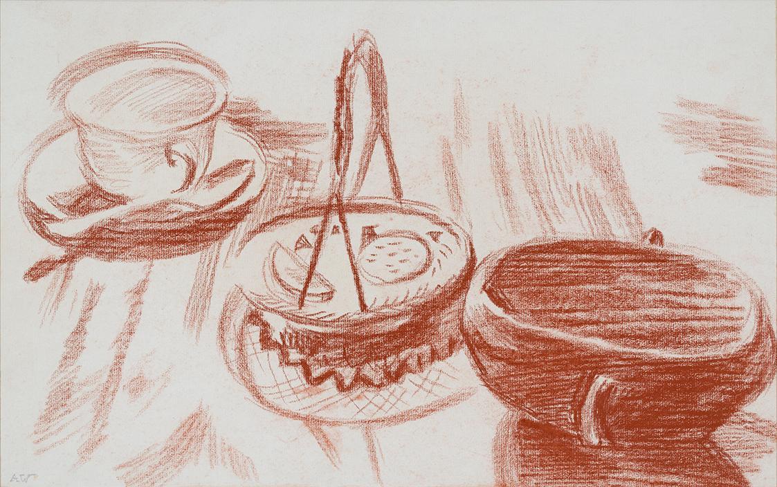 Alfred Wickenburg, Stillleben mit Teetasse, 1936, Rötel auf Papier, Blattmaße: 31,3 × 48,3 cm,  ...