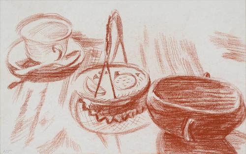 Alfred Wickenburg, Stillleben mit Teetasse, 1936, Rötel auf Papier, Blattmaße: 31,3 × 48,3 cm,  ...