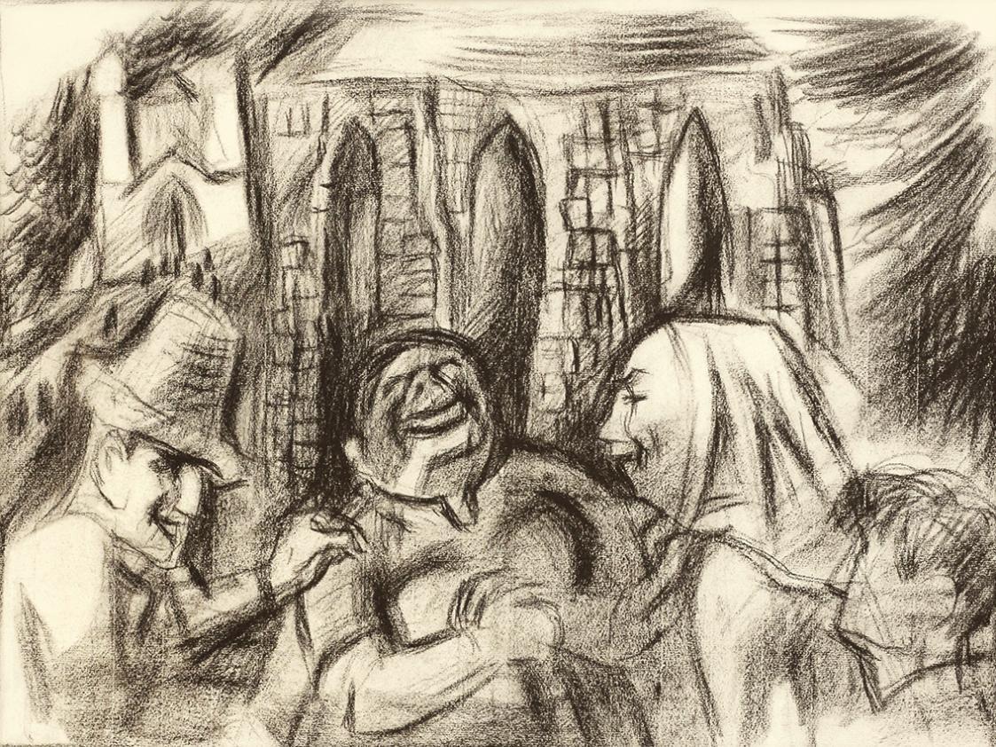 Alfred Wickenburg, Gespräche vor der Kirche, 1935, Umbrastift auf Papier, Blattmaße: 48,7 × 63, ...