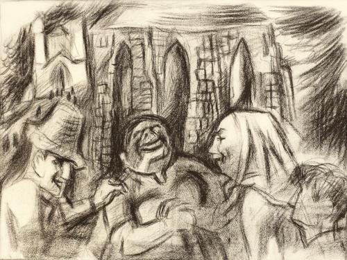 Alfred Wickenburg, Gespräche vor der Kirche, 1935, Umbrastift auf Papier, Blattmaße: 48,7 × 63, ...