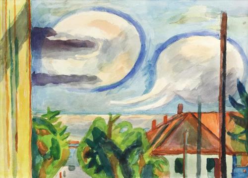 Alfred Wickenburg, Ausblick auf Landschaft mit Haus und Wolken, um 1960, Aquarell auf Papier, B ...