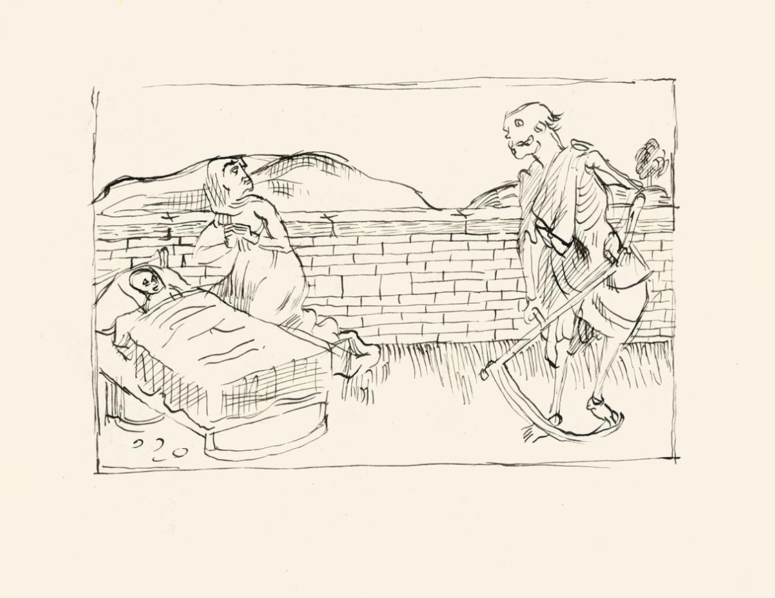 Alfred Wickenburg, Mutter und Kind mit der Personifikation des Todes, 1930/1939, Tusche auf Pap ...