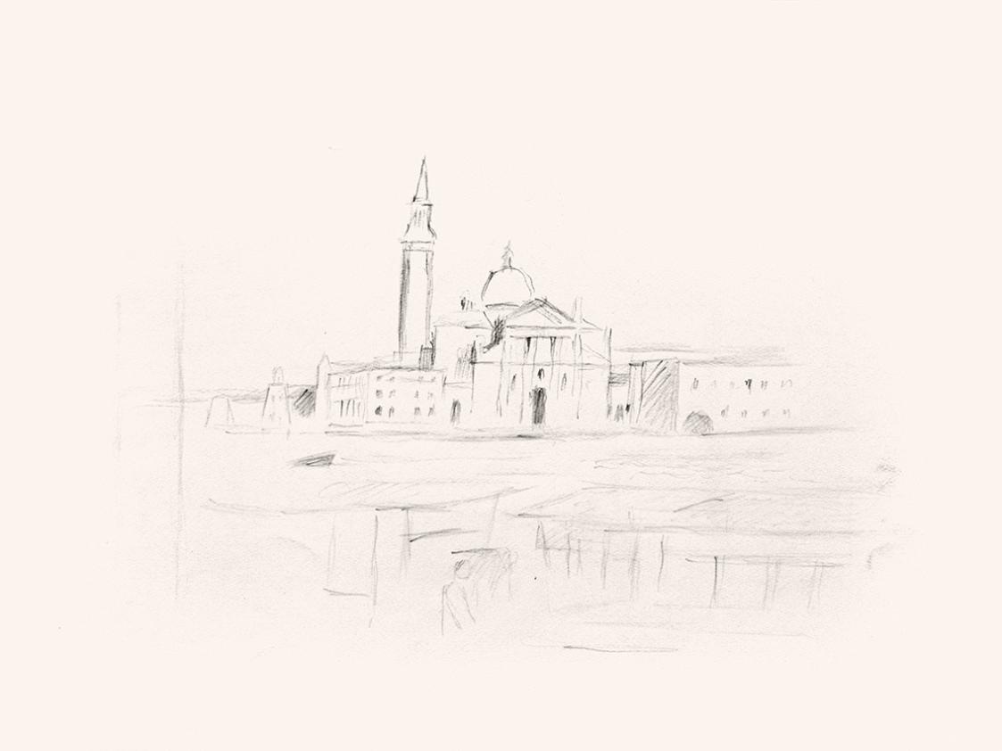 Alfred Wickenburg, Blick auf Santa Maria della Salute in Venedig, um 1968, Schwarzer Filzstift  ...