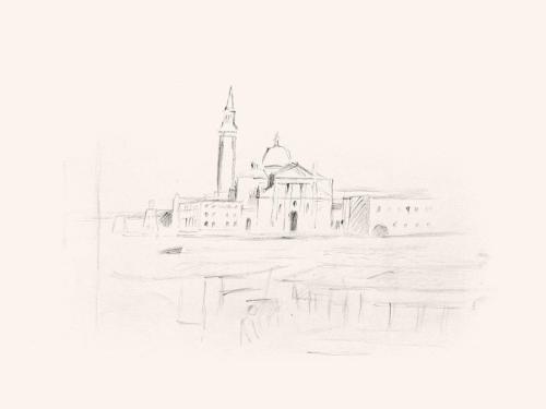 Alfred Wickenburg, Blick auf Santa Maria della Salute in Venedig, um 1968, Schwarzer Filzstift  ...