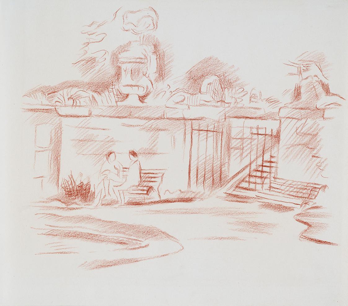 Alfred Wickenburg, Im Mirabellgarten, Salzburg, 1942, Rötel auf Papier, Blattmaße: 26,8 × 30,4  ...