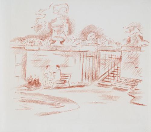Alfred Wickenburg, Im Mirabellgarten, Salzburg, 1942, Rötel auf Papier, Blattmaße: 26,8 × 30,4  ...