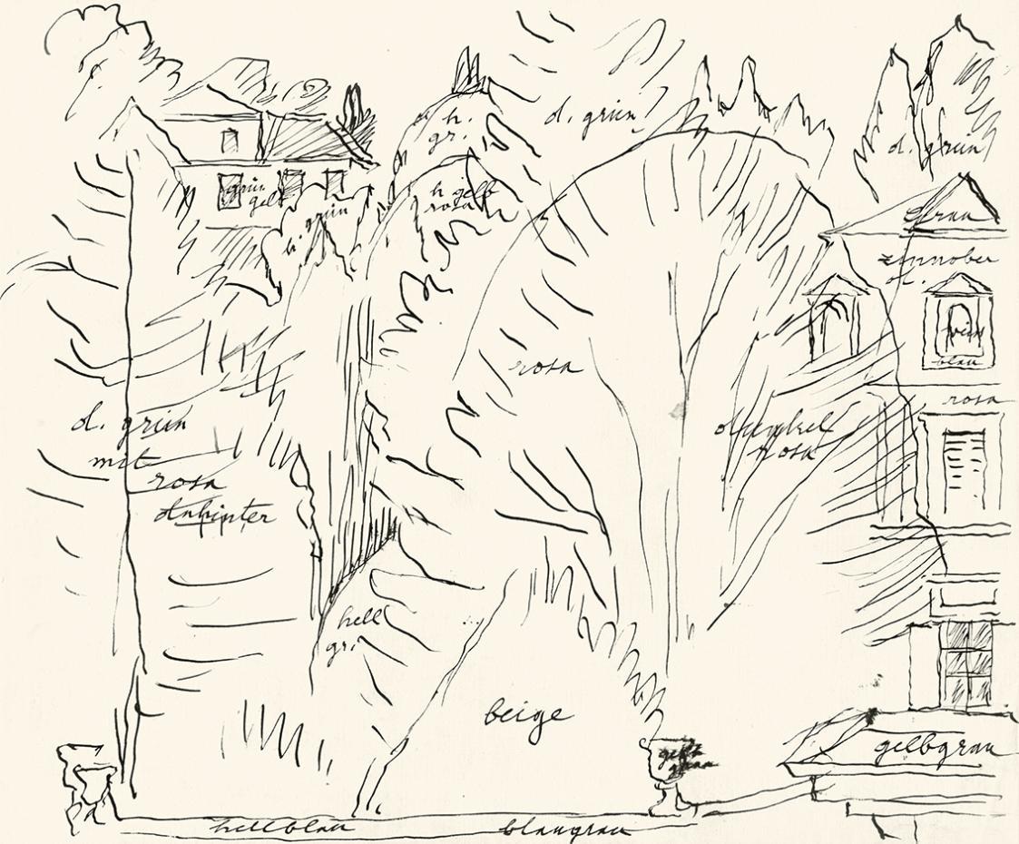 Alfred Wickenburg, Ausblick auf Häuser zwischen Bäume mit Farbnotizen, 1930/1939, Tusche auf Pa ...