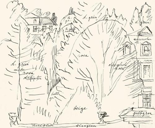 Alfred Wickenburg, Ausblick auf Häuser zwischen Bäume mit Farbnotizen, 1930/1939, Tusche auf Pa ...