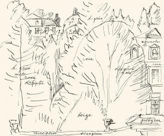 Alfred Wickenburg, Ausblick auf Häuser zwischen Bäume mit Farbnotizen, 1930/1939, Tusche auf Pa ...