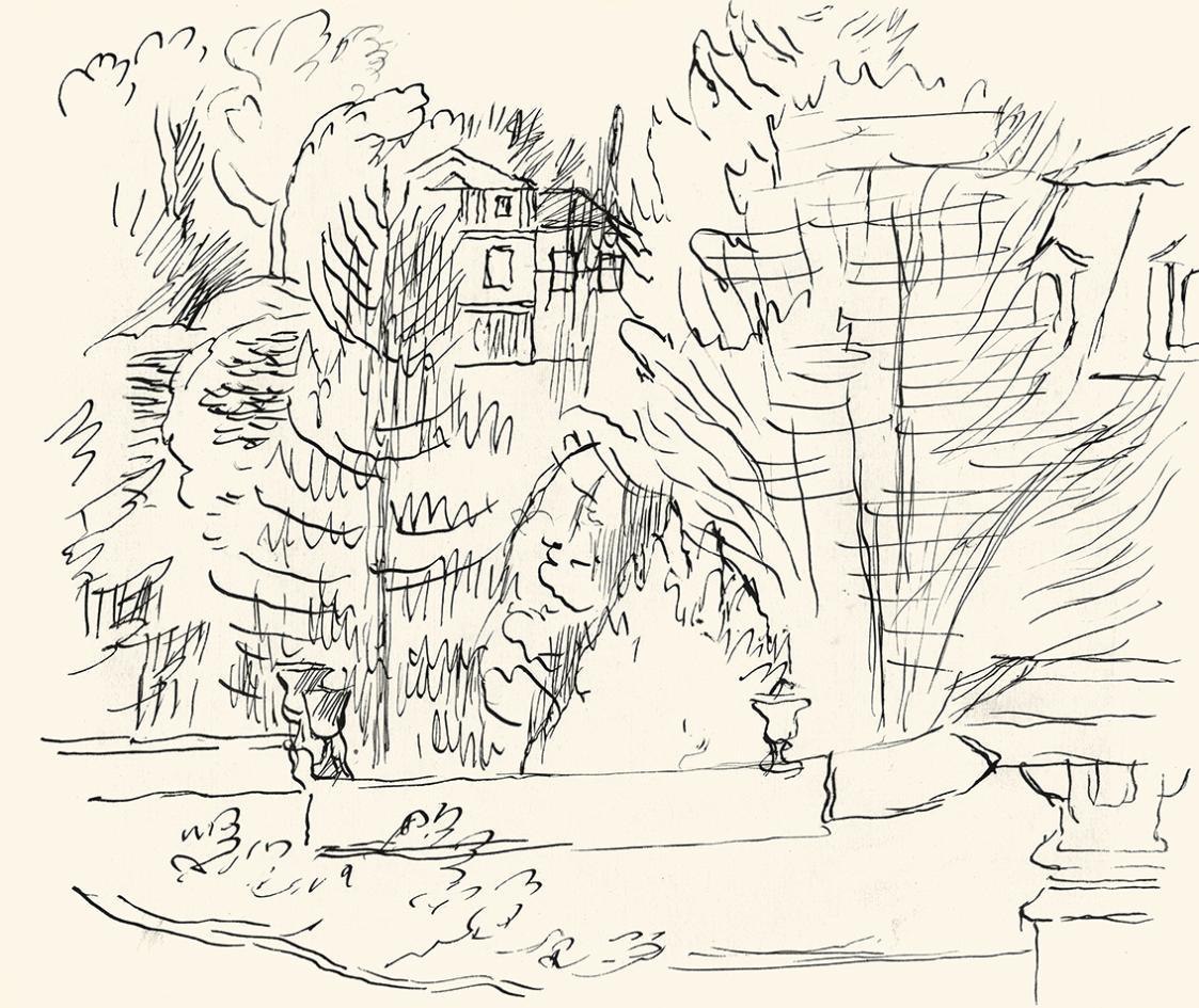 Alfred Wickenburg, Ausblick auf Gebäude zwischen Bäume, 1930/1939, Tusche auf Papier, Blattmaße ...