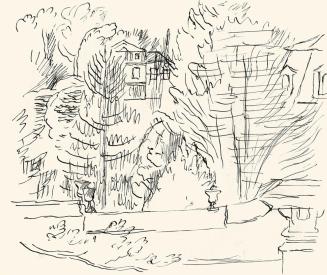 Alfred Wickenburg, Ausblick auf Gebäude zwischen Bäume, 1930/1939, Tusche auf Papier, Blattmaße ...