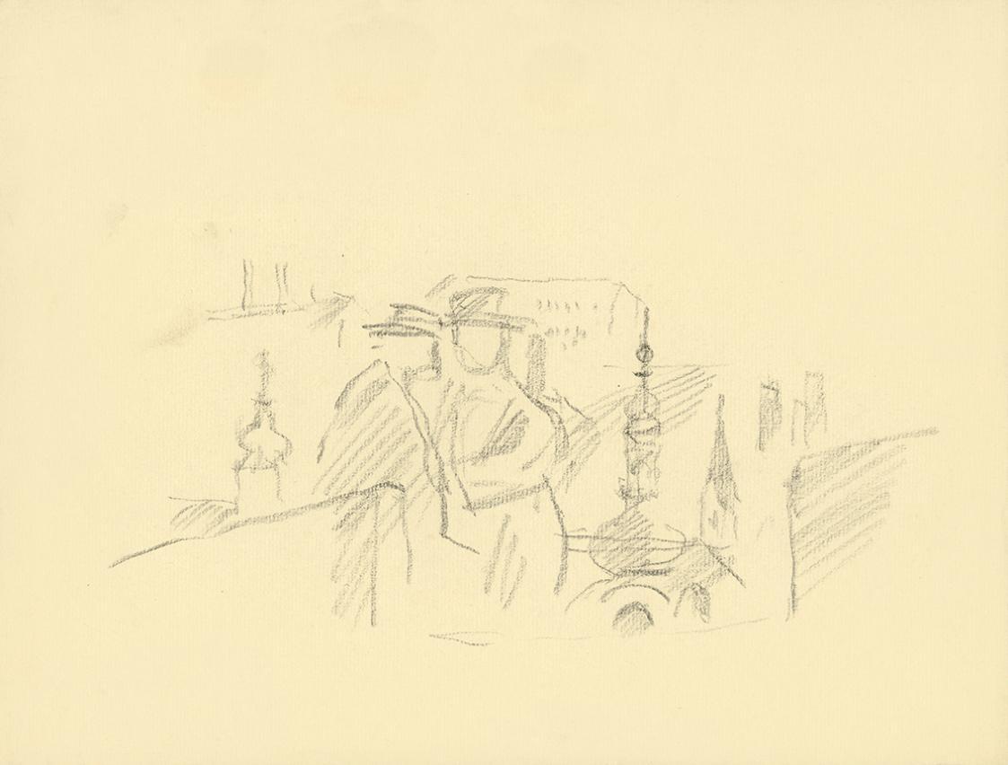 Alfred Wickenburg, Zwei Männer vor einer Stadt, 1935/1940, Schwarze Kreide auf Papier, Blattmaß ...