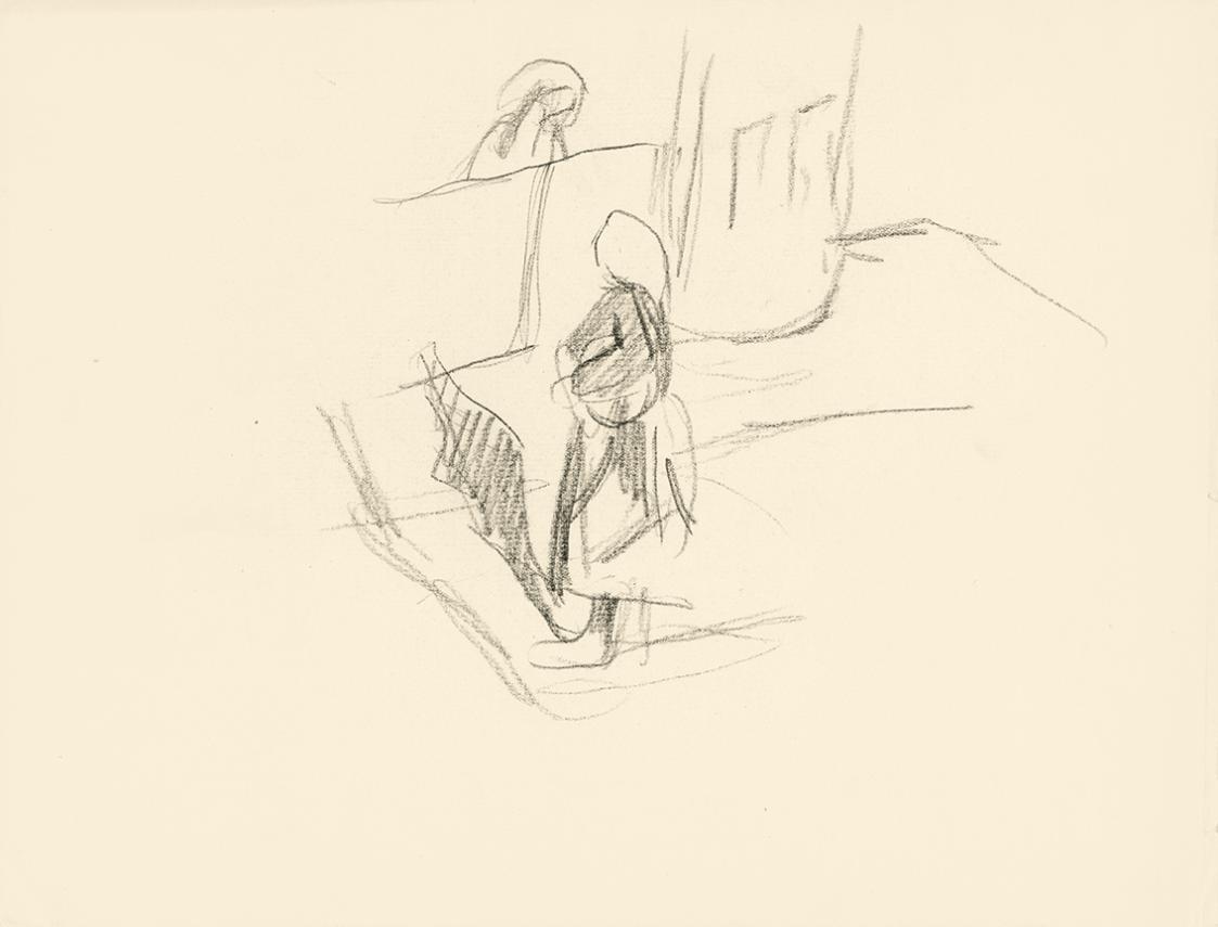 Alfred Wickenburg, Zwei Frauen unterhalten sich, um 1945, Schwarze Kreide auf Papier, Blattmaße ...