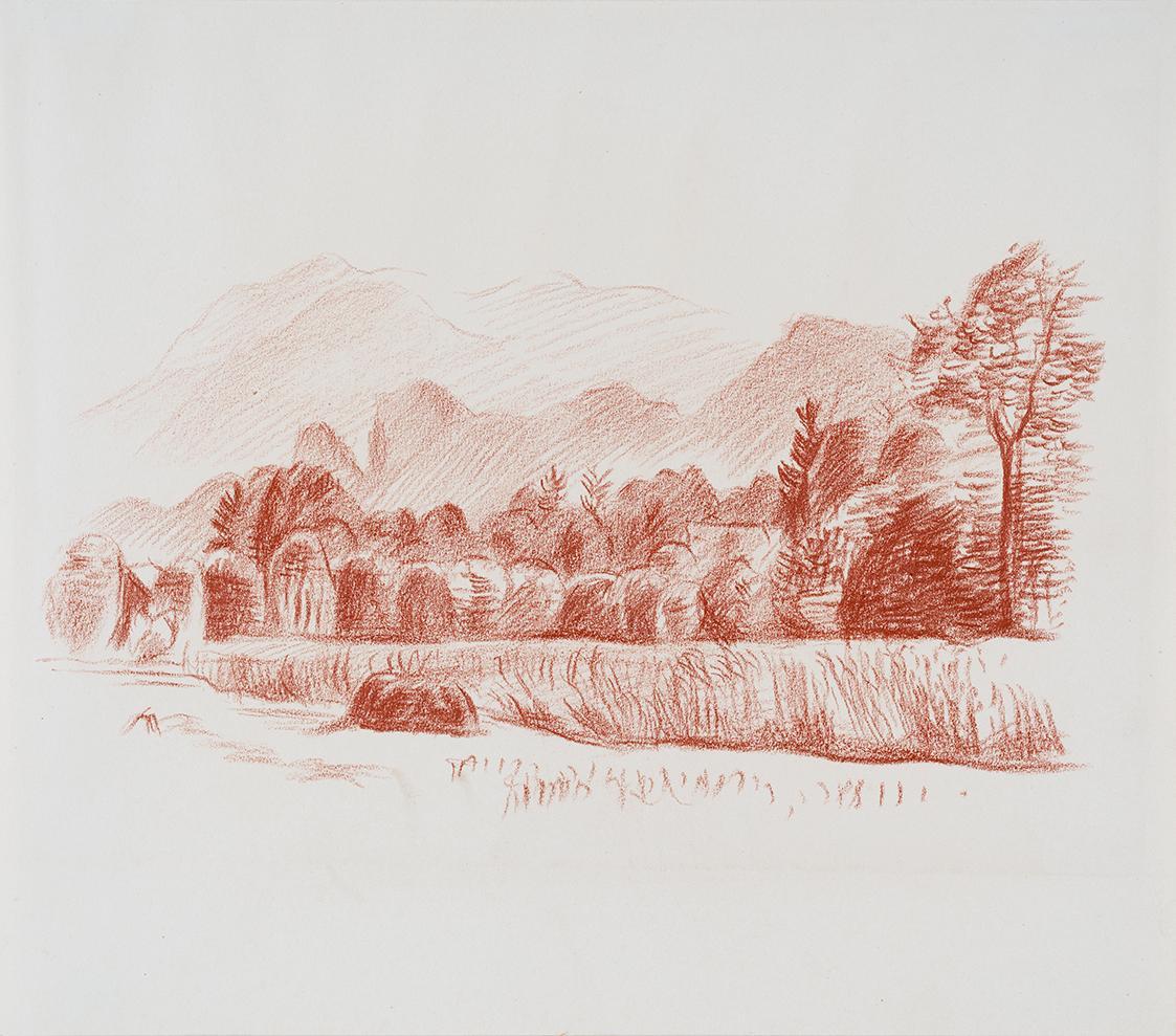 Alfred Wickenburg, Landschaft bei Salzburg, 1942, Rötel auf Papier, Blattmaße: 26,8 × 30,4 cm,  ...