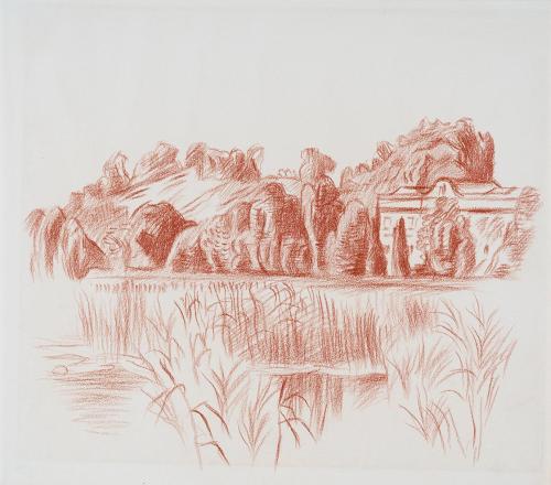 Alfred Wickenburg, Schloss Leopoldskron mit Teich, 1942, Rötel auf Papier, Blattmaße: 26,8 × 30 ...