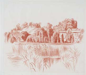 Alfred Wickenburg, Schloss Leopoldskron mit Teich, 1942, Rötel auf Papier, Blattmaße: 26,8 × 30 ...