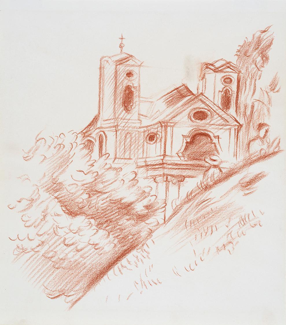 Alfred Wickenburg, Ursulinenkirche in Salzburg, 1942, Rötel auf Papier, Blattmaße: 30,4 × 26,8  ...