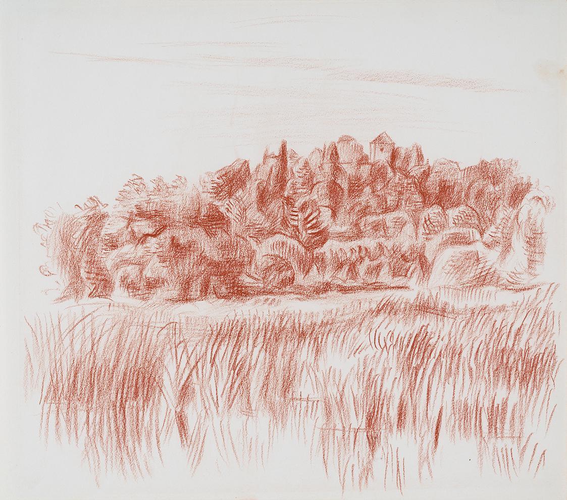 Alfred Wickenburg, Blick vom Leopoldskron gegen Mönchsberg, 1942, Rötel auf Papier, Blattmaße:  ...