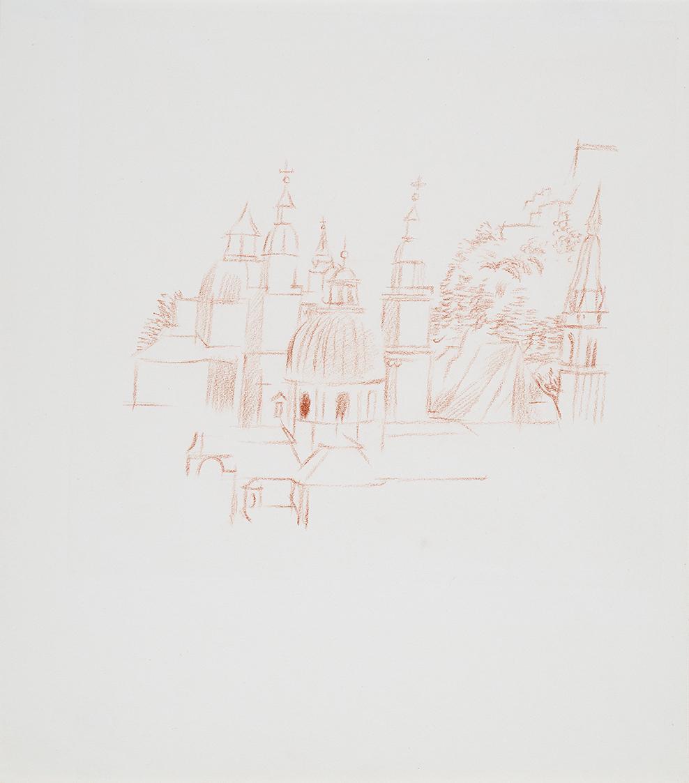 Alfred Wickenburg, Blick auf Dom, St. Peter und Franziskanerkirche, 1942, Rötel auf Papier, Bla ...