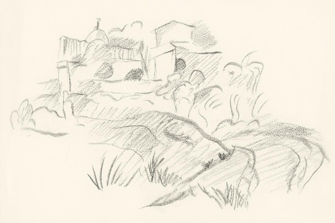 Alfred Wickenburg, Häuser auf einem Hügel, 1920/1923, Graphit auf Papier, Blattmaße: 24 × 35,3  ...