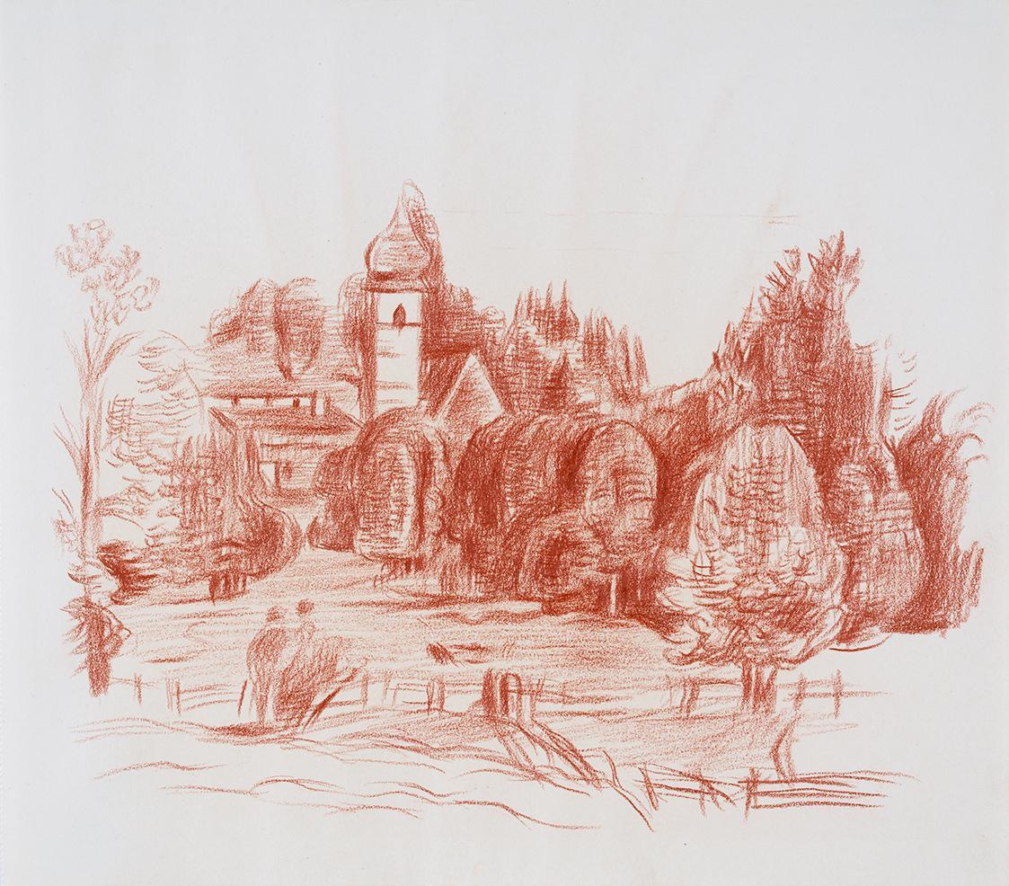 Alfred Wickenburg, Landschaft mit Kirche bei Salzburg, 1942, Rötel auf Papier, Blattmaße: 26,8  ...