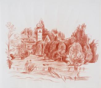 Alfred Wickenburg, Landschaft mit Kirche bei Salzburg, 1942, Rötel auf Papier, Blattmaße: 26,8  ...