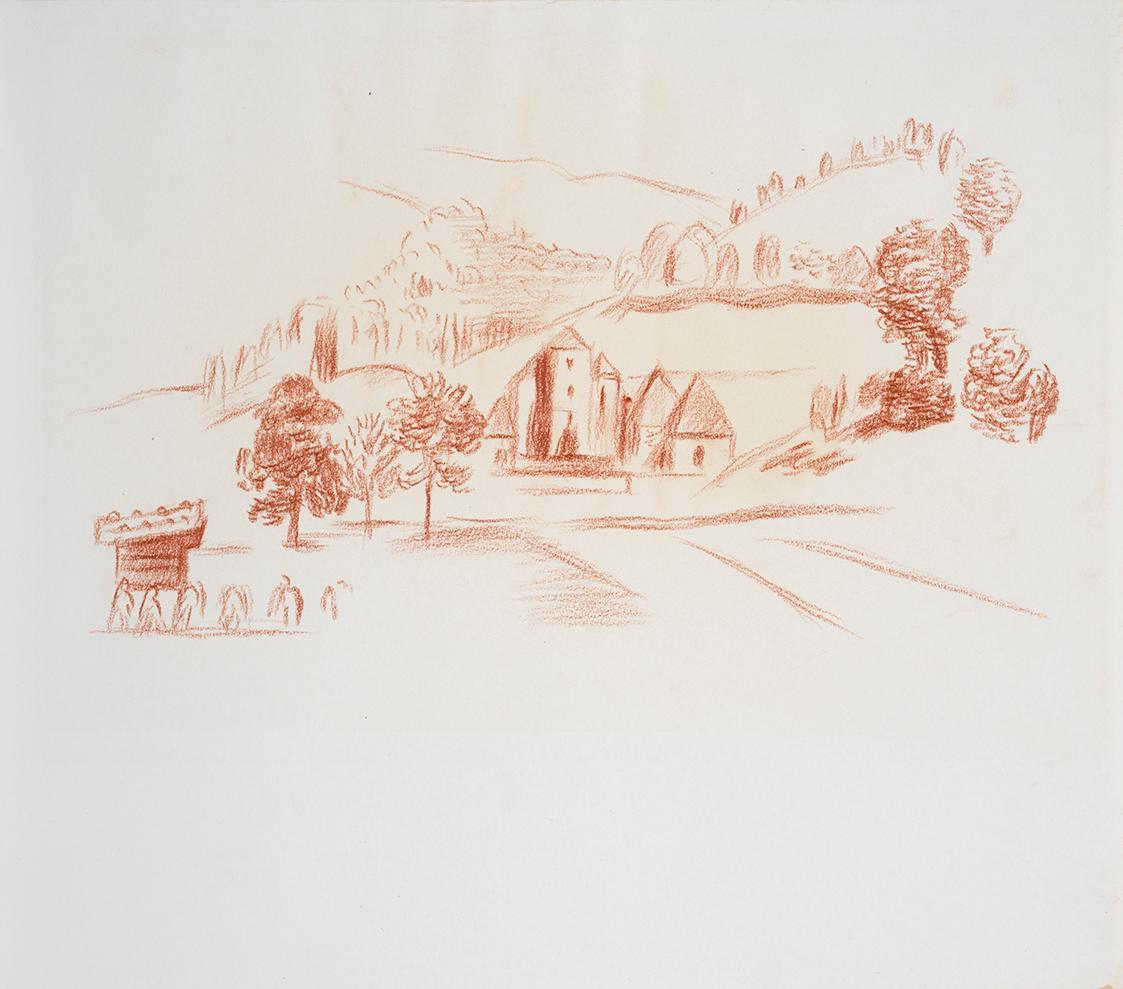 Alfred Wickenburg, Landschaft mit Schloss bei Salzburg, 1942, Rötel auf Papier, Blattmaße: 30 × ...