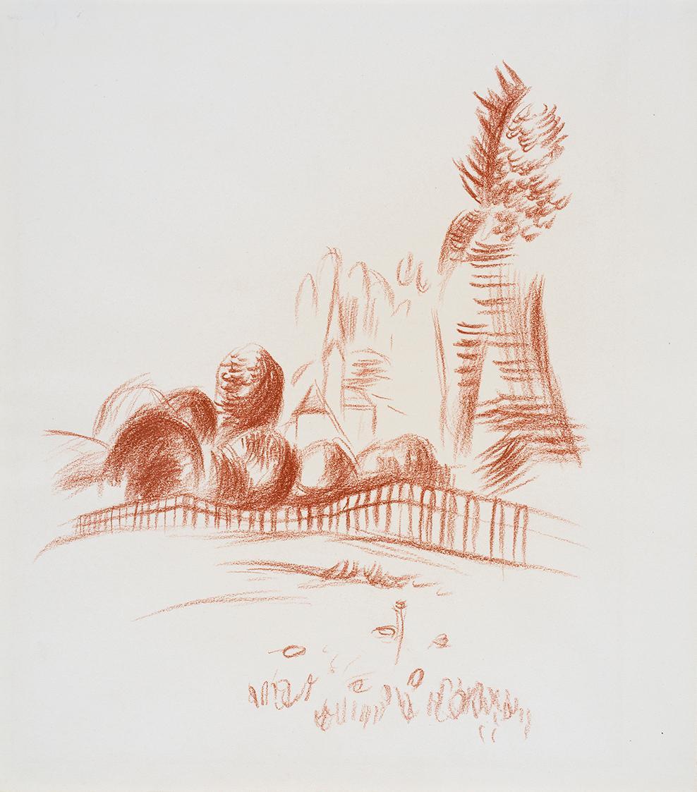 Alfred Wickenburg, Zaun in einer Landschaft, 1942, Rötel auf Papier, Blattmaße: 30,4 × 26,8 cm, ...
