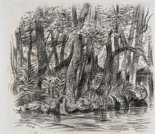 Alfred Wickenburg, Breitlehn-Alm, 1944, Kohle auf Papier, Blattmaße: 22 × 25,5 cm, Neue Galerie ...