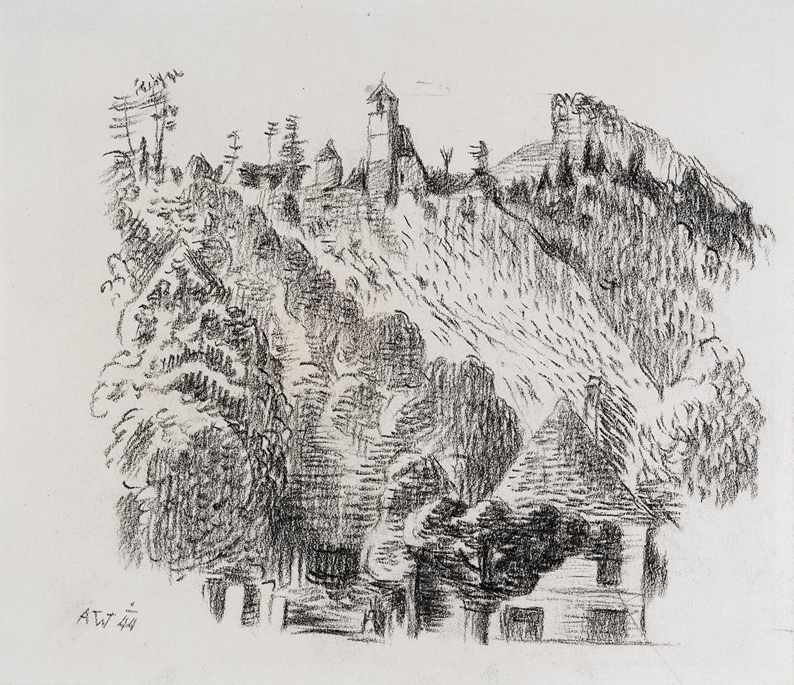 Alfred Wickenburg, Bergkapelle vor Stift Rein, 1944, Kohle auf Papier, Blattmaße: 22 × 25,5 cm, ...