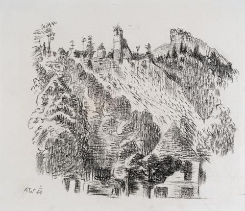 Alfred Wickenburg, Bergkapelle vor Stift Rein, 1944, Kohle auf Papier, Blattmaße: 22 × 25,5 cm, ...