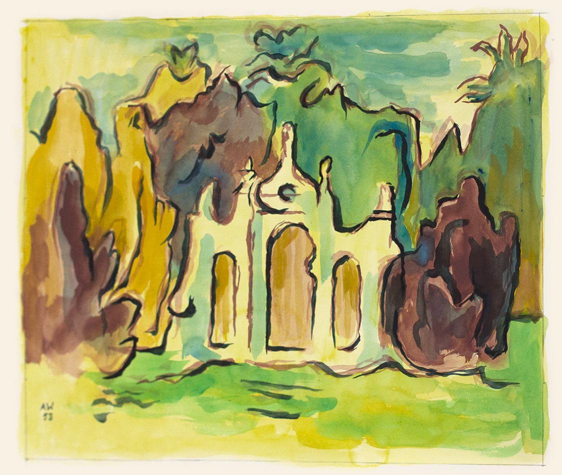 Alfred Wickenburg, Architektur zwischen Bäumen, 1953, Aquarell auf Papier, Blattmaße: 59 × 48,5 ...