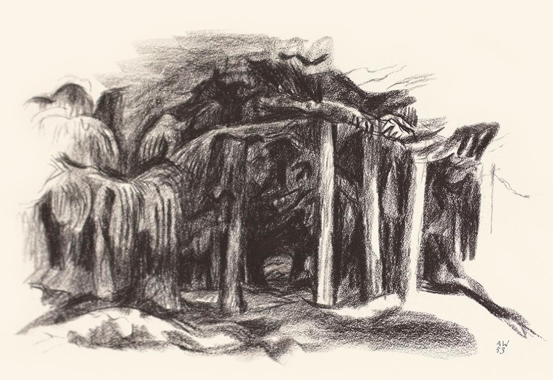 Alfred Wickenburg, Wald, 1953, Braune Kreide auf Papier, Blattmaße: 38 × 53,7 cm, Privatbesitz, ...