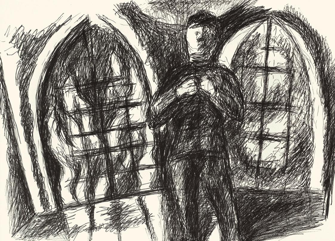 Alfred Wickenburg, Mann vor Gittertoren, um 1970, Schwarzer Filzstift auf Papier, Blattmaße: 42 ...