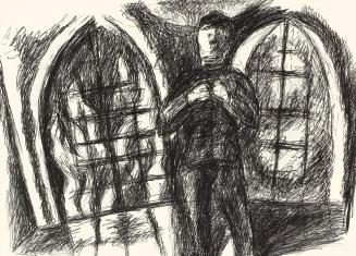 Alfred Wickenburg, Mann vor Gittertoren, um 1970, Schwarzer Filzstift auf Papier, Blattmaße: 42 ...