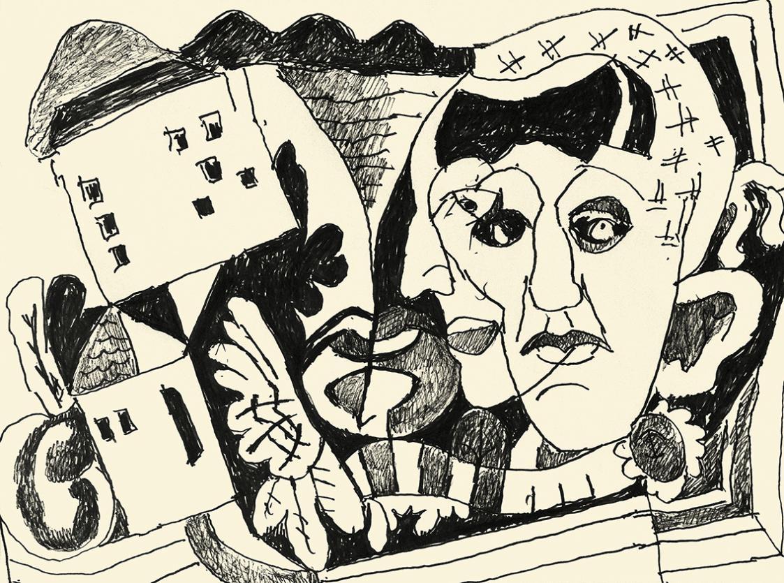 Alfred Wickenburg, Kopf mit Maske, um 1970, Schwarzer Filzstift auf Papier, Blattmaße: 42 × 58  ...