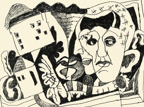 Alfred Wickenburg, Kopf mit Maske, um 1970, Schwarzer Filzstift auf Papier, Blattmaße: 42 × 58  ...