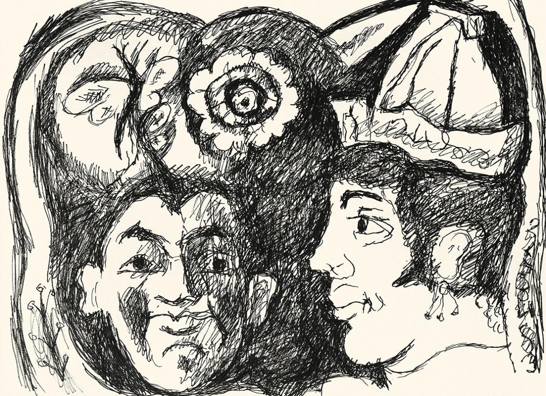 Alfred Wickenburg, Zwei Köpfe, um 1970, Schwarzer Filzstift auf Papier, Blattmaße: 42 × 57,5 cm ...