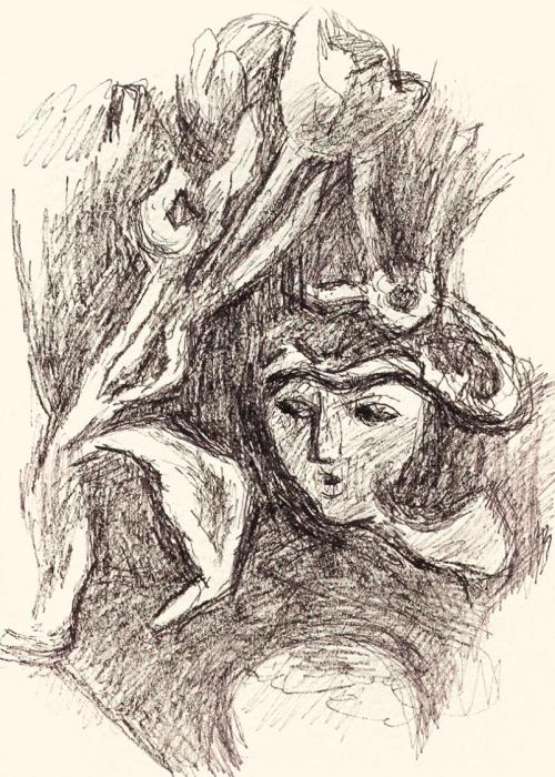 Alfred Wickenburg, Gesicht und Tulpen, um 1970, Schwarzer Filzstift auf Papier, Blattmaße: 48,1 ...