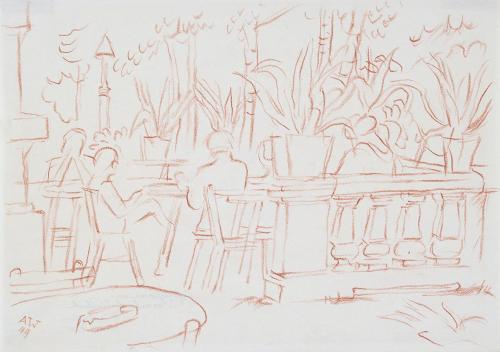 Alfred Wickenburg, Caféterasse Warmbad Villach, 1944, Rötel auf Papier, Blattmaße: 22,7 × 32 cm ...