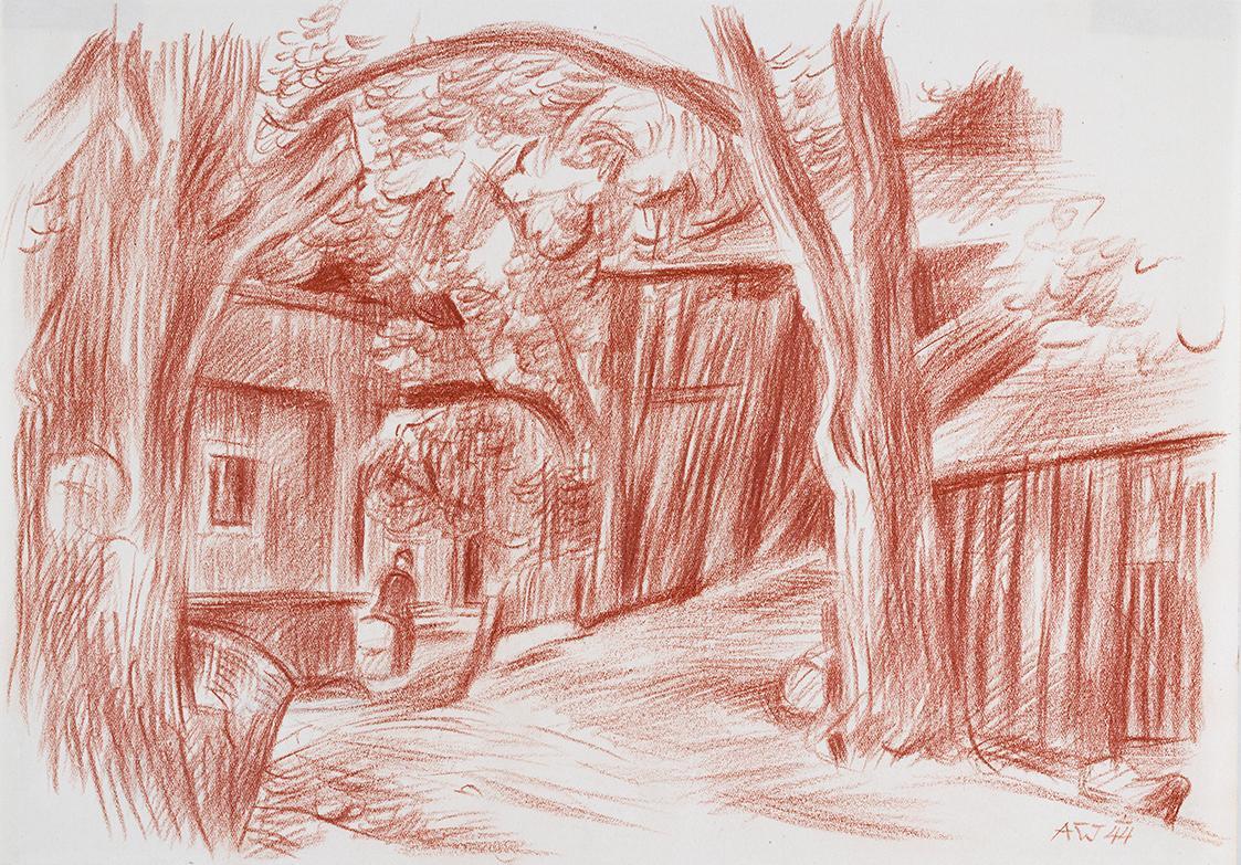 Alfred Wickenburg, Judendorf in Kärnten, 1944, Rötel auf Papier, Blattmaße: 22,5 × 32 cm, Neue  ...